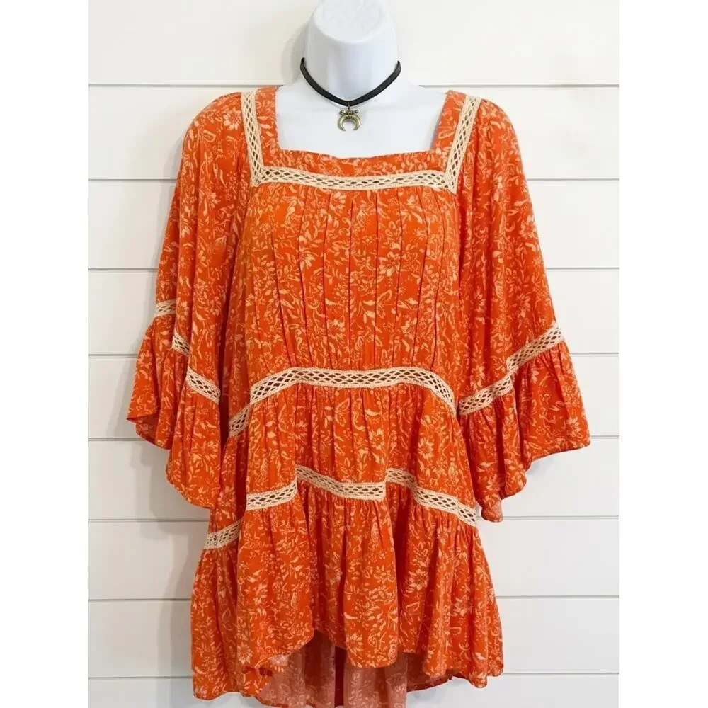 FREE PEOPLE Talk About It Orange Print Peasant Top With Crochet Trim, S